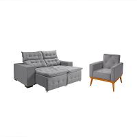 Kit Sofá Retratil Reclinável Bari 1,90 Pillow Mais Poltrona Florença Em Veludo Cinza - 1