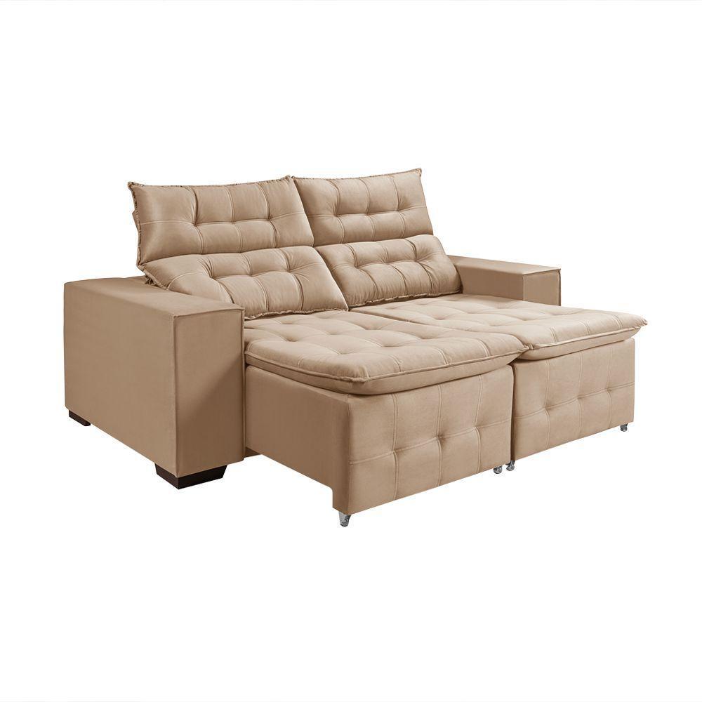 Sofá Retratil Reclinável 3 Lugares Pillow Em Veludo 1,90 Bege - 3
