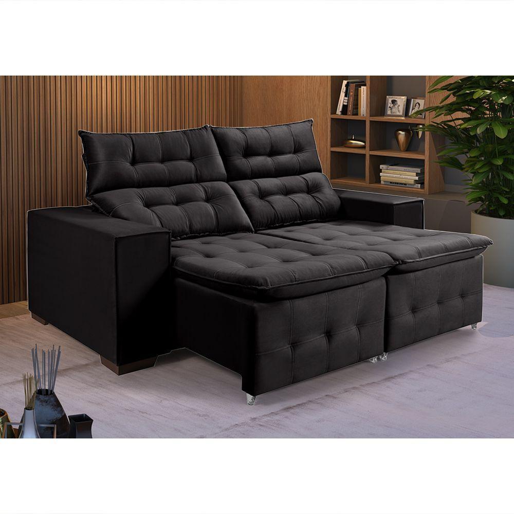 Sofá Retratil Reclinável 3 Lugares Pillow Em Veludo 1,90 Preto - 1
