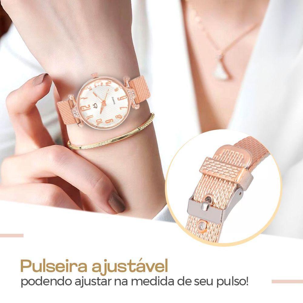 Relogio Feminino Aço Rose Brinco Coração Colar Caixa - 6