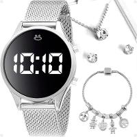 Relogio Feminino Aço Prata Digital Caixa Brincos Colar - 1