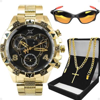 Relogio Masculino Dourado Oculos Proteção Uv Casual Social