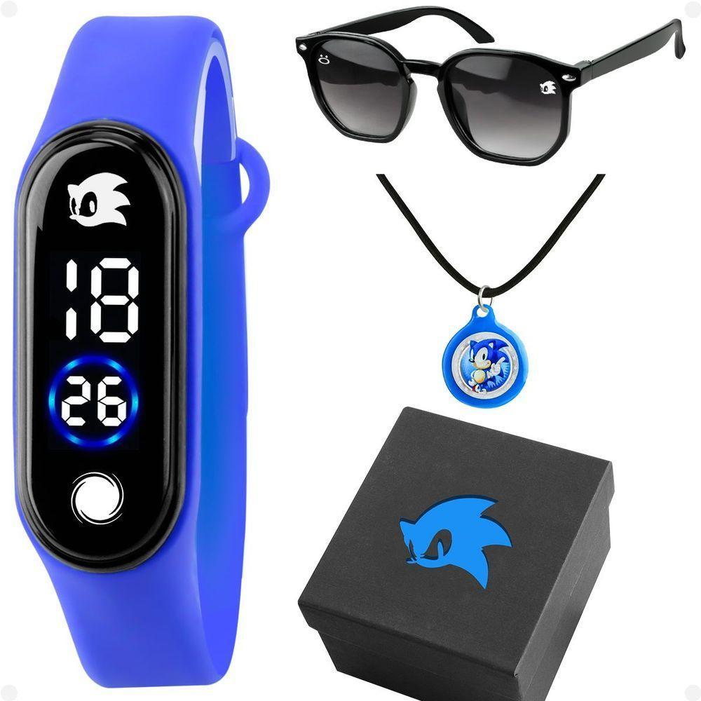 Relogio Infantil Digital Sonic Oculos Sol Colar Caixa Kids Azul - 1