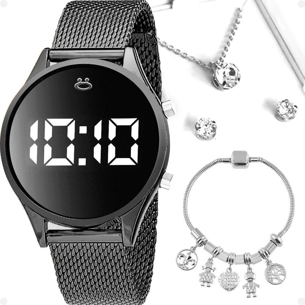 Relogio Feminino Digital Aço Preto Brincos Caixa Colar - 1