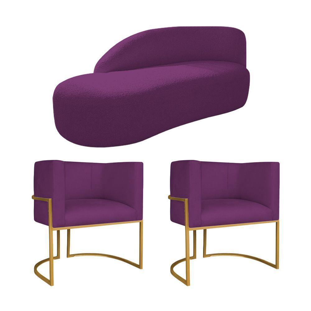 Kit Divã Luna 160cm Lado Esquerdo E 02 Poltronas Base De Ferro Dourado Suede Roxo - 1