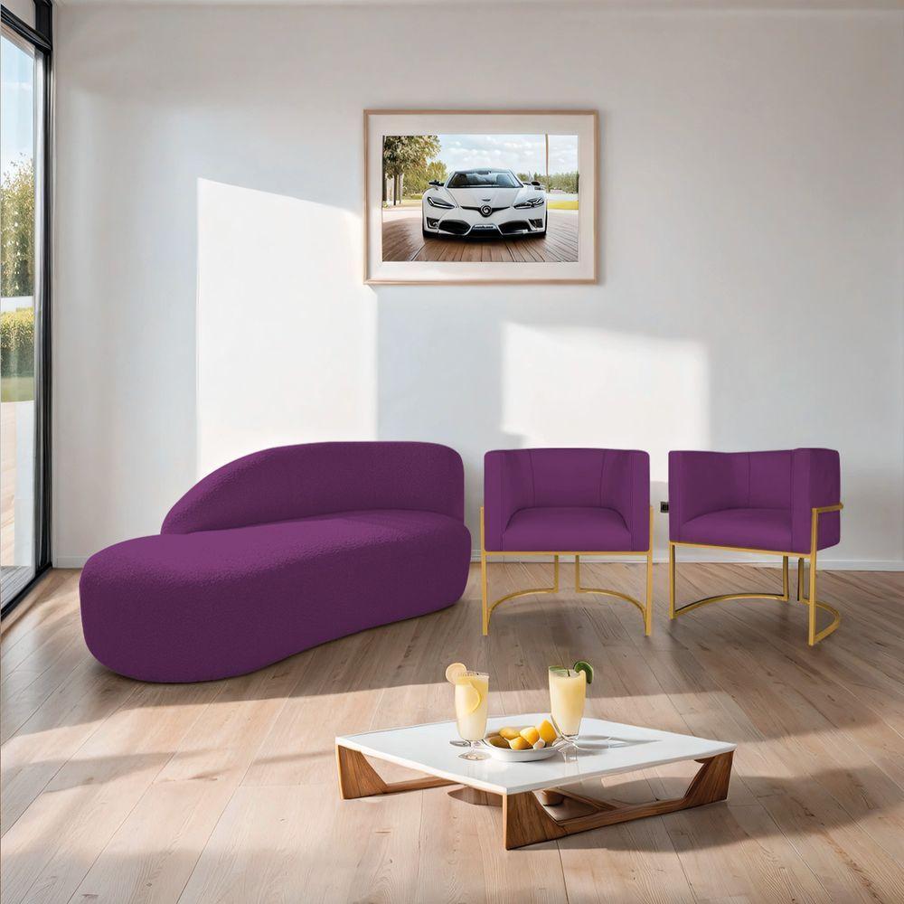 Kit Divã Luna 160cm Lado Esquerdo E 02 Poltronas Base De Ferro Dourado Suede Roxo - 9