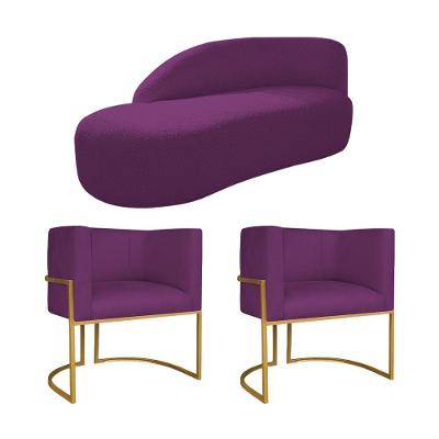 Kit Divã Luna 160cm Lado Esquerdo E 02 Poltronas Base De Ferro Dourado Suede Roxo