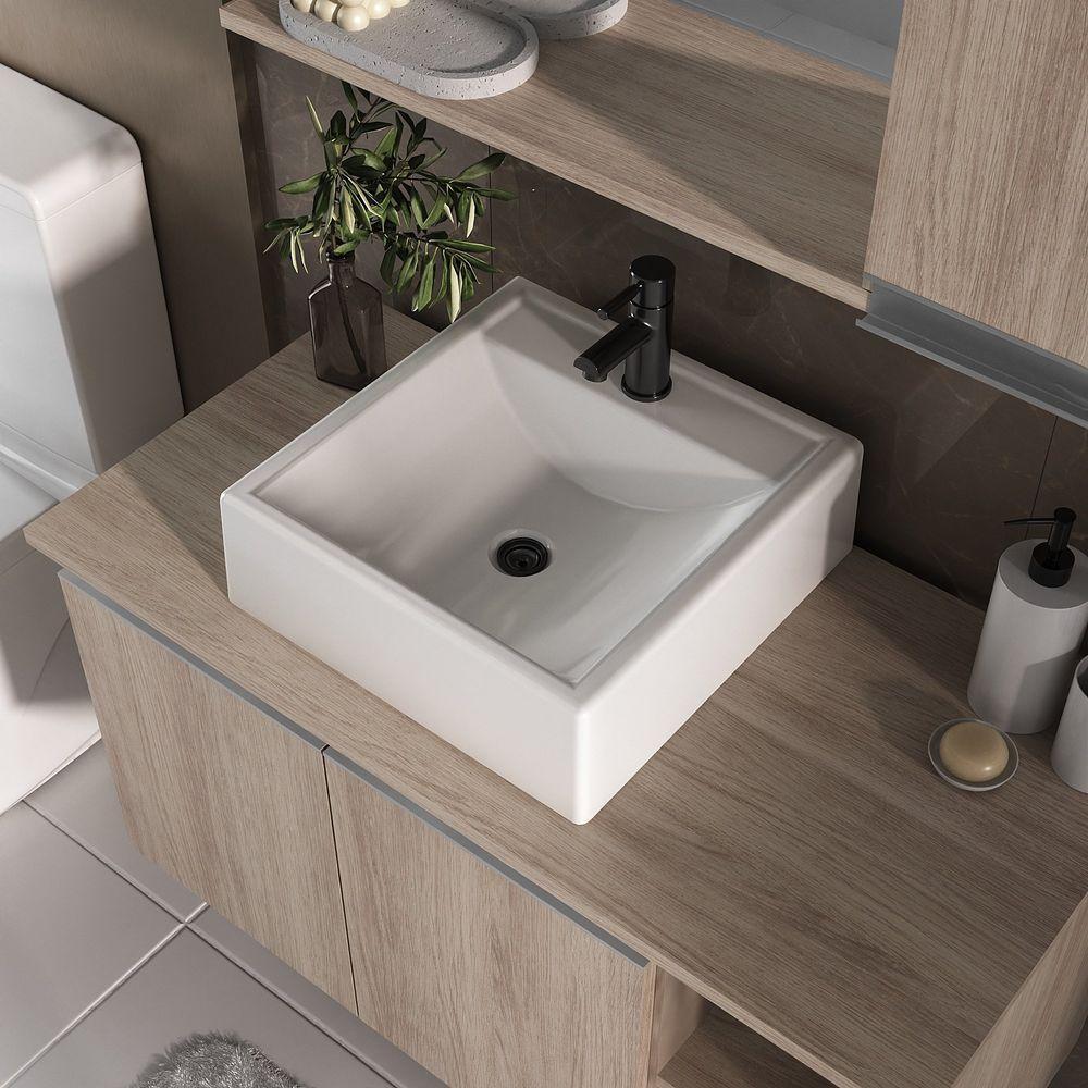 Conjunto Gabinete Banheiro Virtus 80cm - Gabinete + Cuba + Espelheira Madeirado Inteiro - 2