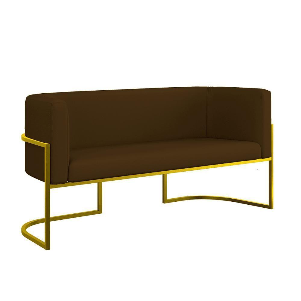 Sofá 2 Lugares Base Metal Dourada Reforçada Recepção Corino Marrom - 1