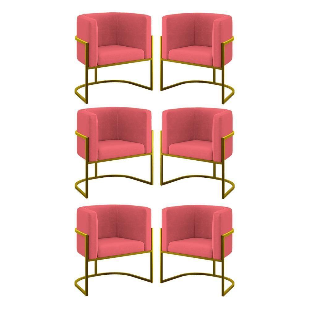 Kit 06 Poltronas Lua Sala Decorativa Base De Ferro Gold Rosa - 1