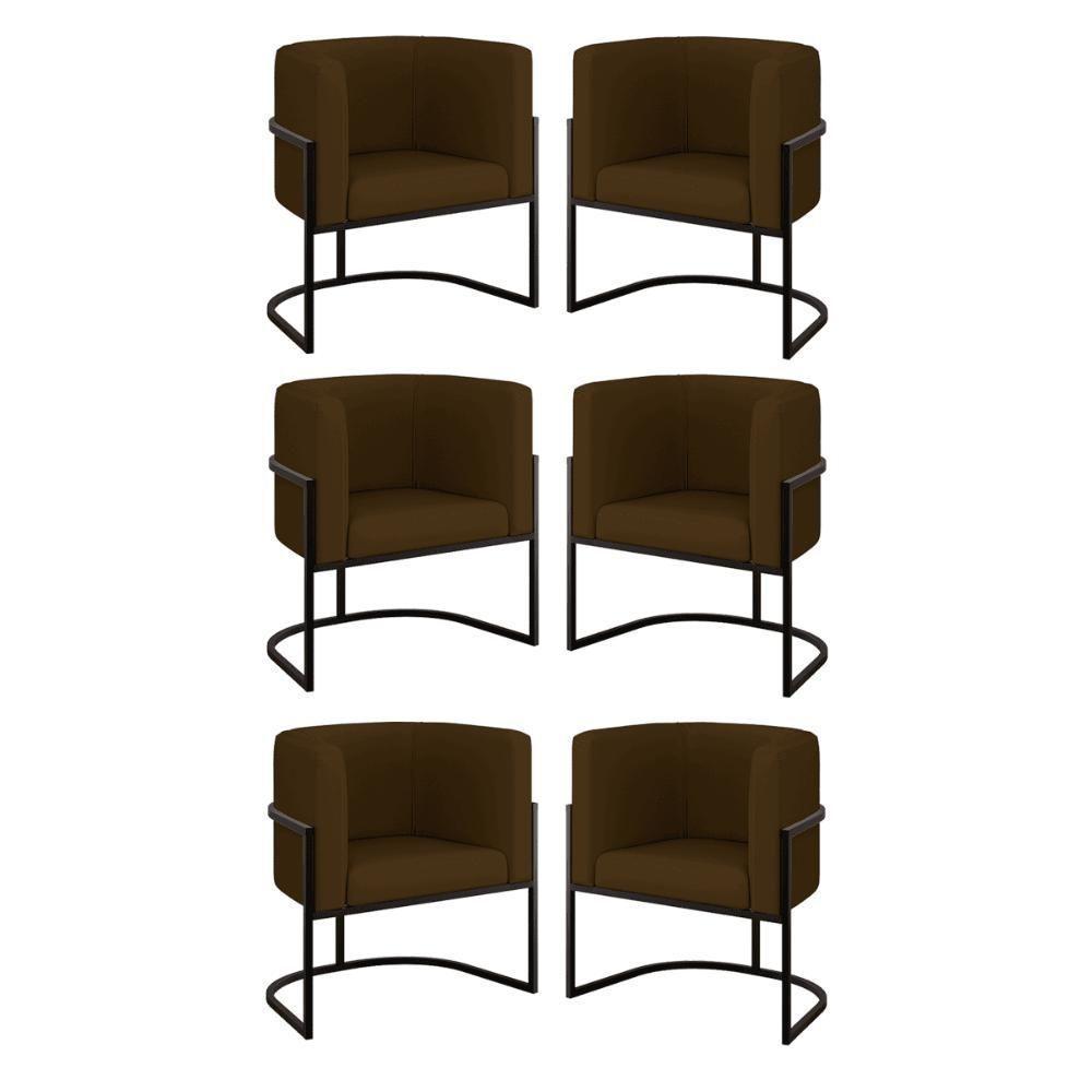 Kit 06 Poltronas Lua Sala Decorativa Base Ferro Black Corino Marrom - 1