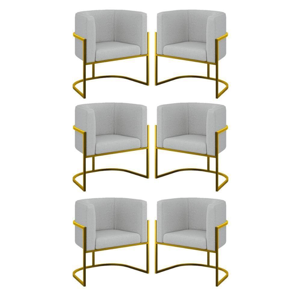 Kit 06 Poltronas Lua Sala Decorativa Base Ferro Gold Bouclê Cinza - 1