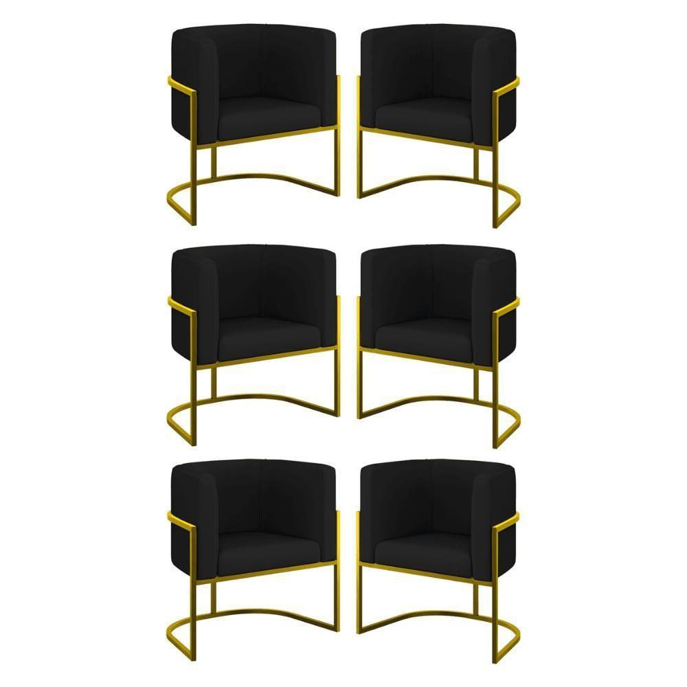 Kit 06 Poltronas Lua Sala Decorativa Base Ferro Gold Corino Preto - 1