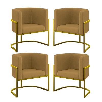 Kit 4 Poltronas Lua Sala Decorativa Base de Ferro Gold Suede Marrom Capuccino Balaqui Decor