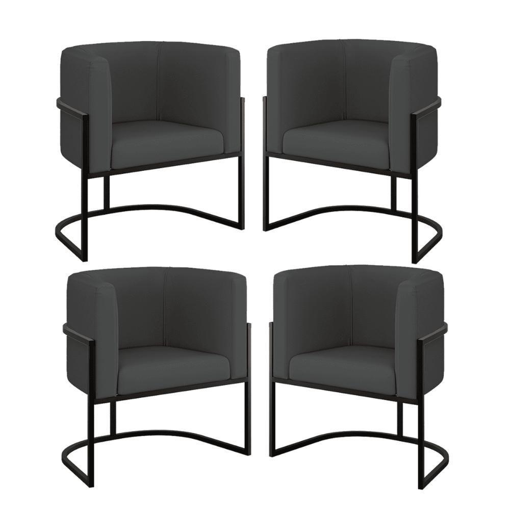 Kit 04 Poltronas Lua Sala Decorativa Base Ferro Black Corino Cinza - 1