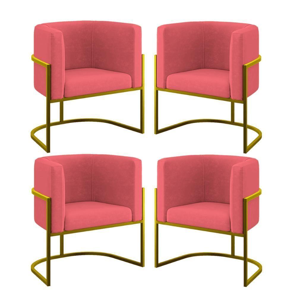 Kit 04 Poltronas Lua Sala Decorativa Base De Ferro Gold Rosa - 1