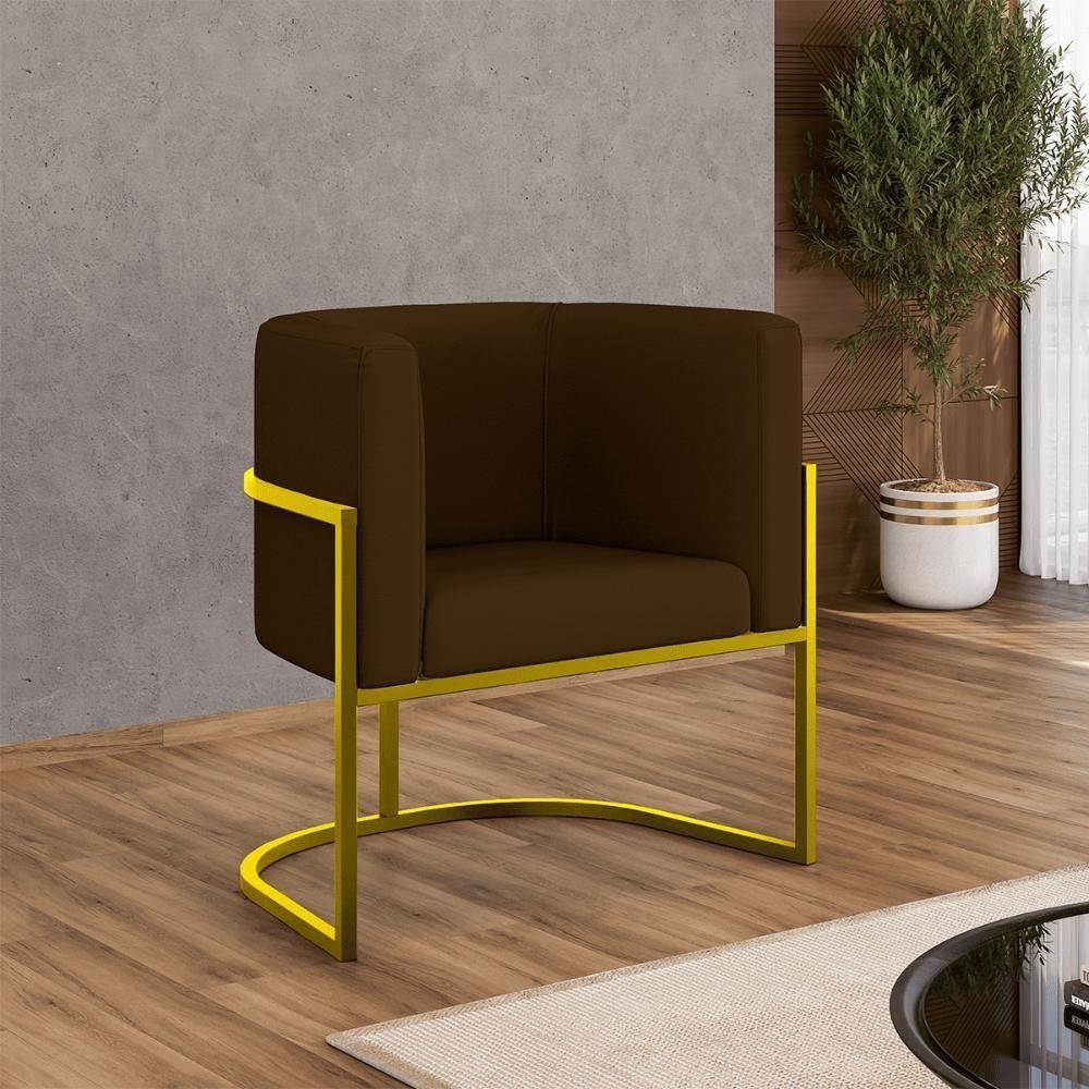 Kit 04 Poltronas Lua Sala Decorativa Base Ferro Gold Corino Marrom - 7