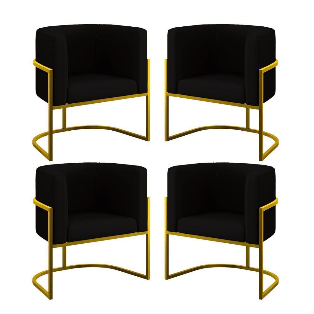 Kit 04 Poltronas Lua Sala Decorativa Base Ferro Gold Veludo Preto - 1