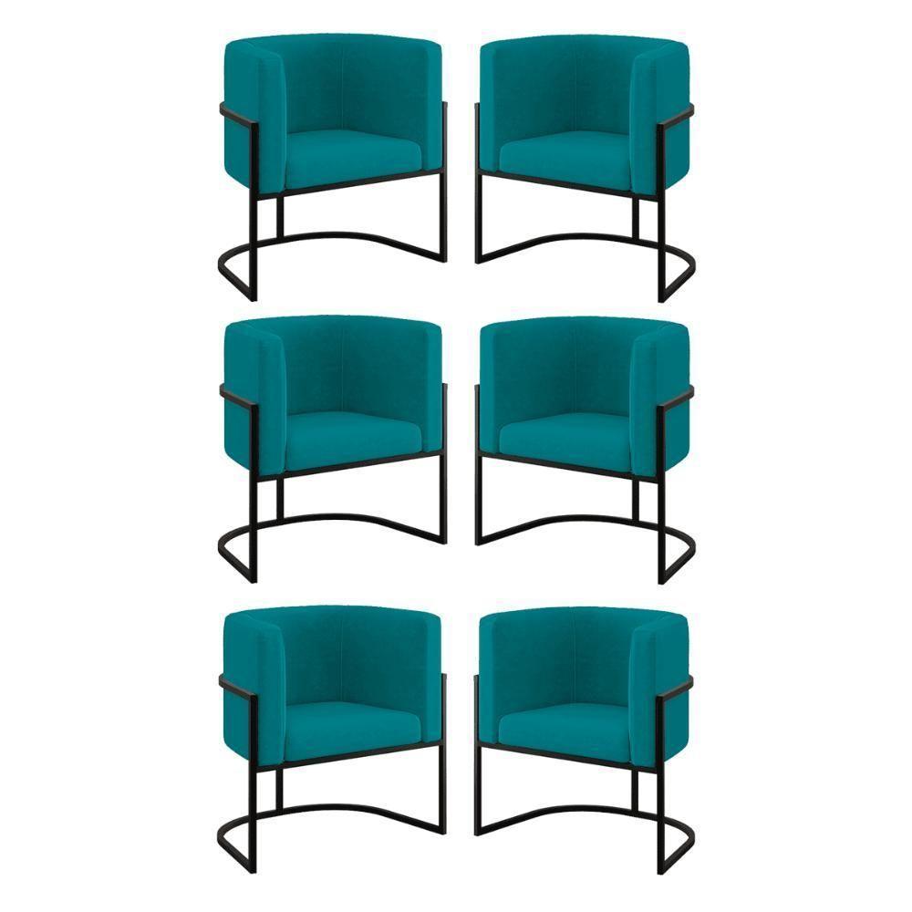 Kit 06 Poltronas Lua Sala Decorativa Base De Ferro Black Azul Turquesa - 1