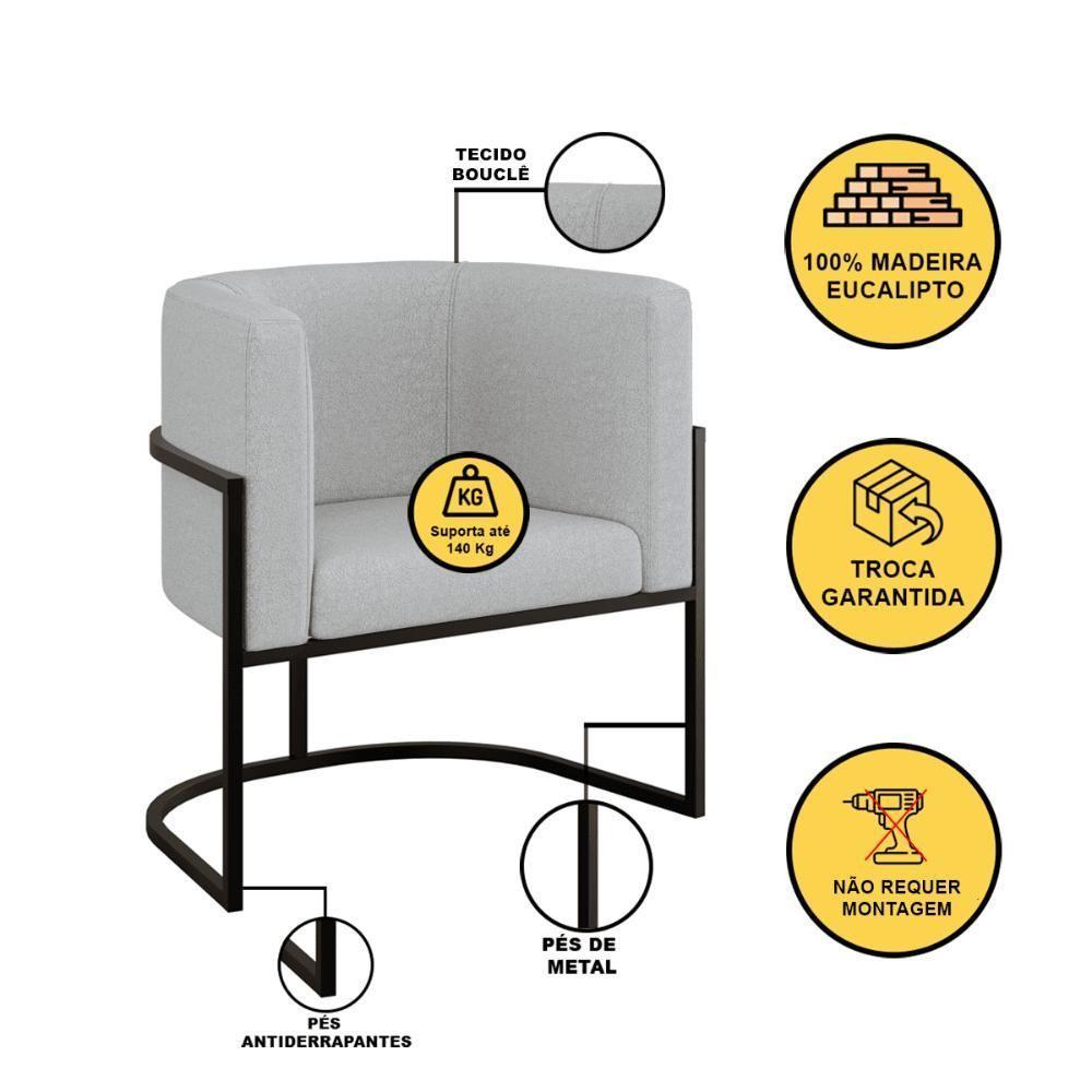 Kit 04 Poltronas Lua Sala Decorativa Base Ferro Preto Bouclê Cinza - 5
