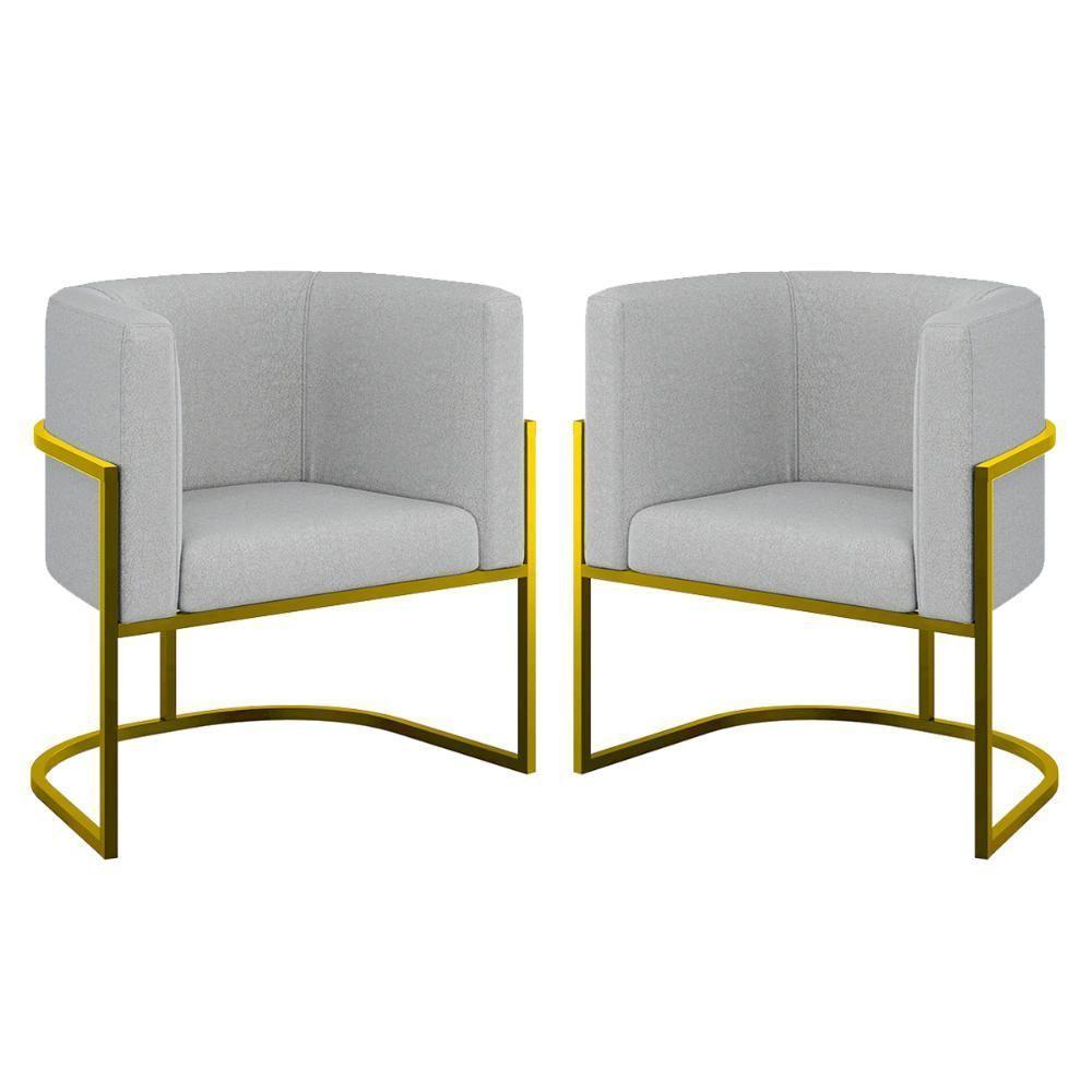 Kit 02 Poltronas Lua Sala Decorativa Base Ferro Gold Bouclê Cinza - 1