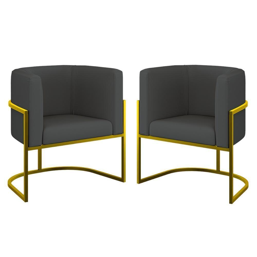 Kit 02 Poltronas Lua Sala Decorativa Base Ferro Gold Corino Cinza - 1