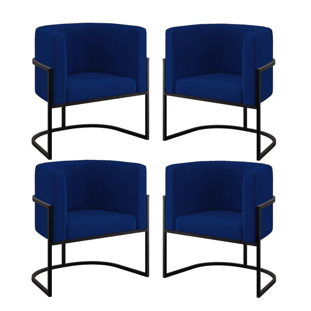 Kit 04 Poltronas Lua Sala Decorativa Base De Ferro Black Azul Marinho - 1