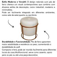 Puff Decorativo Redondo Para Sala Argola Serena Bege Base Pés bronze tecido linho - 3