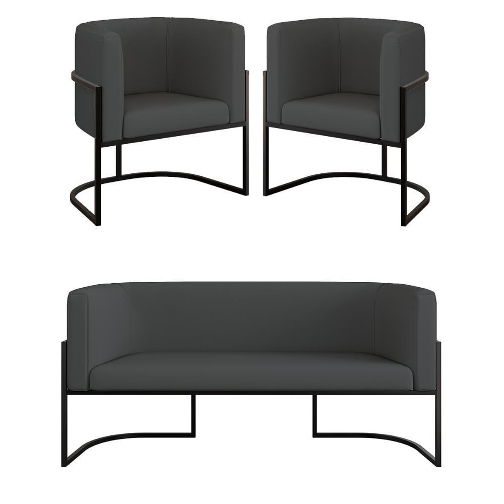 Kit Sofá 2 Lugares + 2 Poltronas Corino Preto Cinza - 1