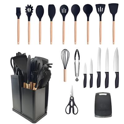 Kit Completo De Cozinha 19 Utensílios Com Cabo De Madeira E Silicone Tábua De Corte Inclusa Preto