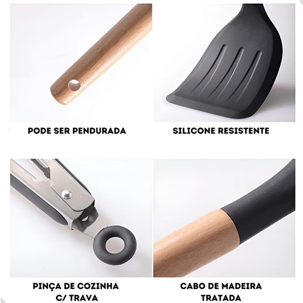 Kit 12 Peças Jogo De Cozinha De Silicone Resistente A Altas Temperaturas Utensílios - Preto - 5