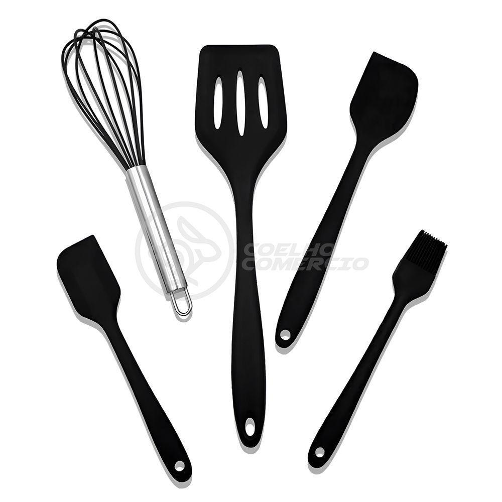 Kit 5 Peças Jogo De Cozinha De Silicone Resistente A Altas Temperaturas Conjunto De Utensílios Preto - 1