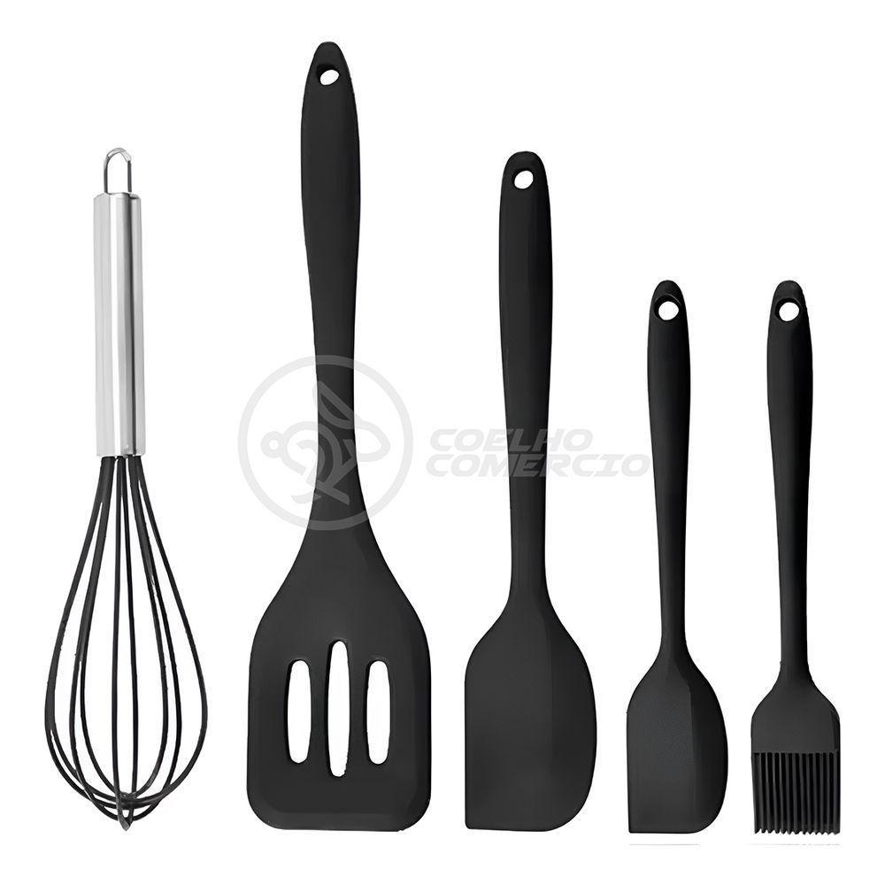 Kit 5 Peças Jogo De Cozinha De Silicone Resistente A Altas Temperaturas Conjunto De Utensílios Preto - 2
