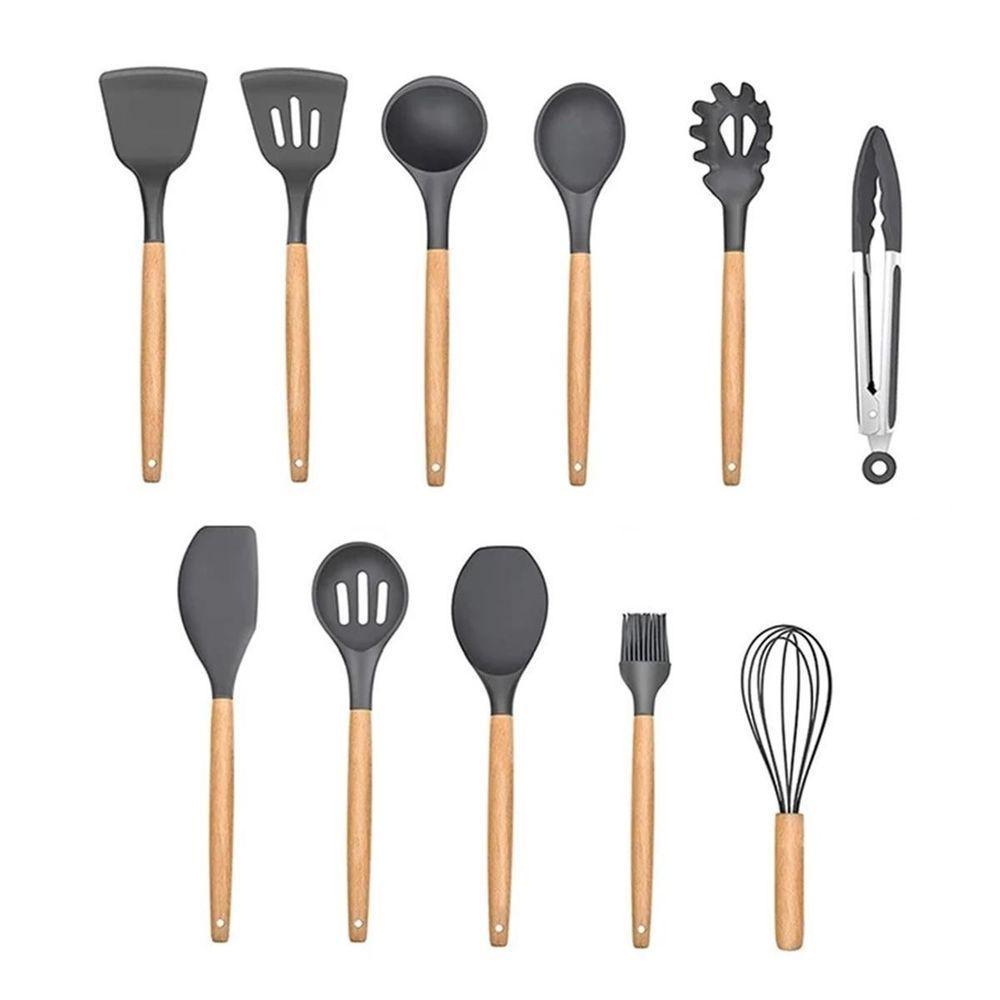 Kit Com 11 Peças Utensílios Para Cozinha Silicone E Madeira - 2