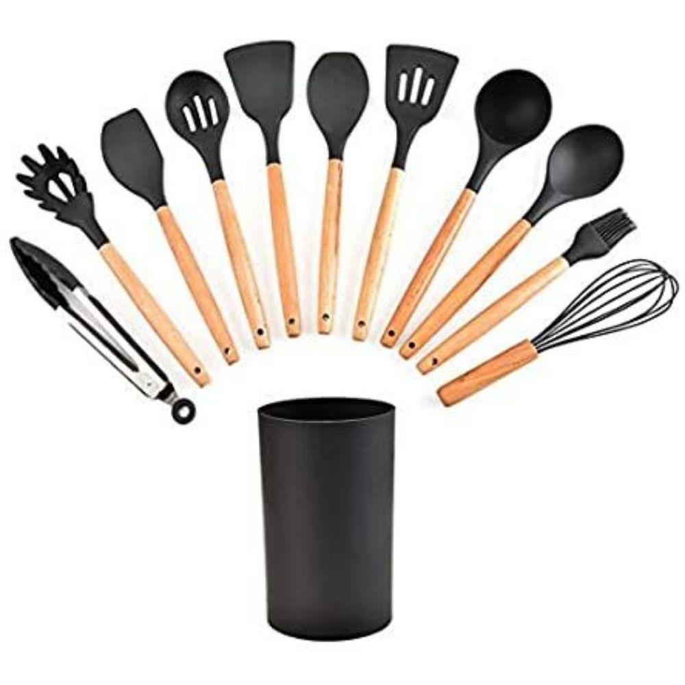 Kit Utensílios De Silicone Preto 12 Pç Cabos Madeira Suporte - 1