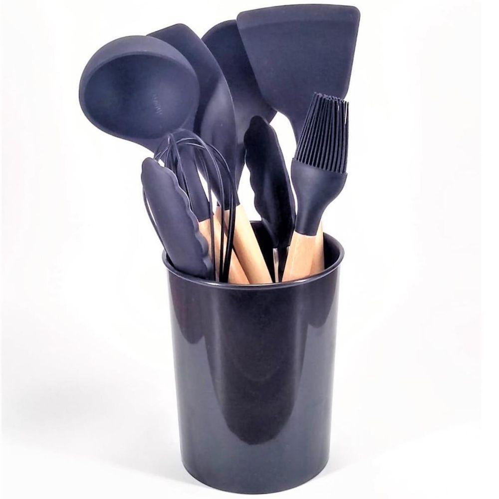 Kit Utensílios De Silicone Preto 12 Pç Cabos Madeira Suporte - 4