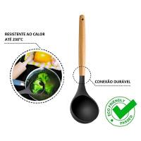 Kit Utensílios De Silicone Preto 12 Pç Cabos Madeira Suporte - 3