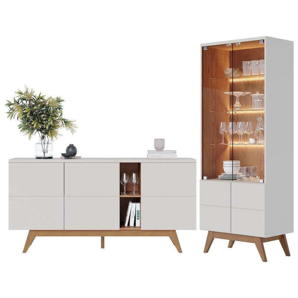 Kit Sala de Jantar Buffet Aparador e Cristaleira com Led Off White Freijó Colibri - 1