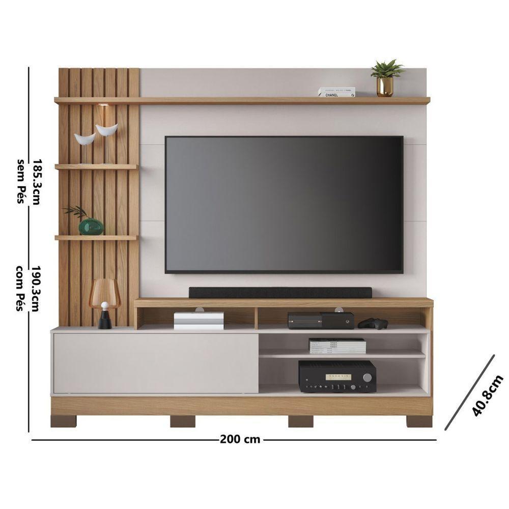 Estante Home 200 Cm com Pés Ripado Lateral Spot de Led Para TV Até 65' Maceio Freijó Off White - 3