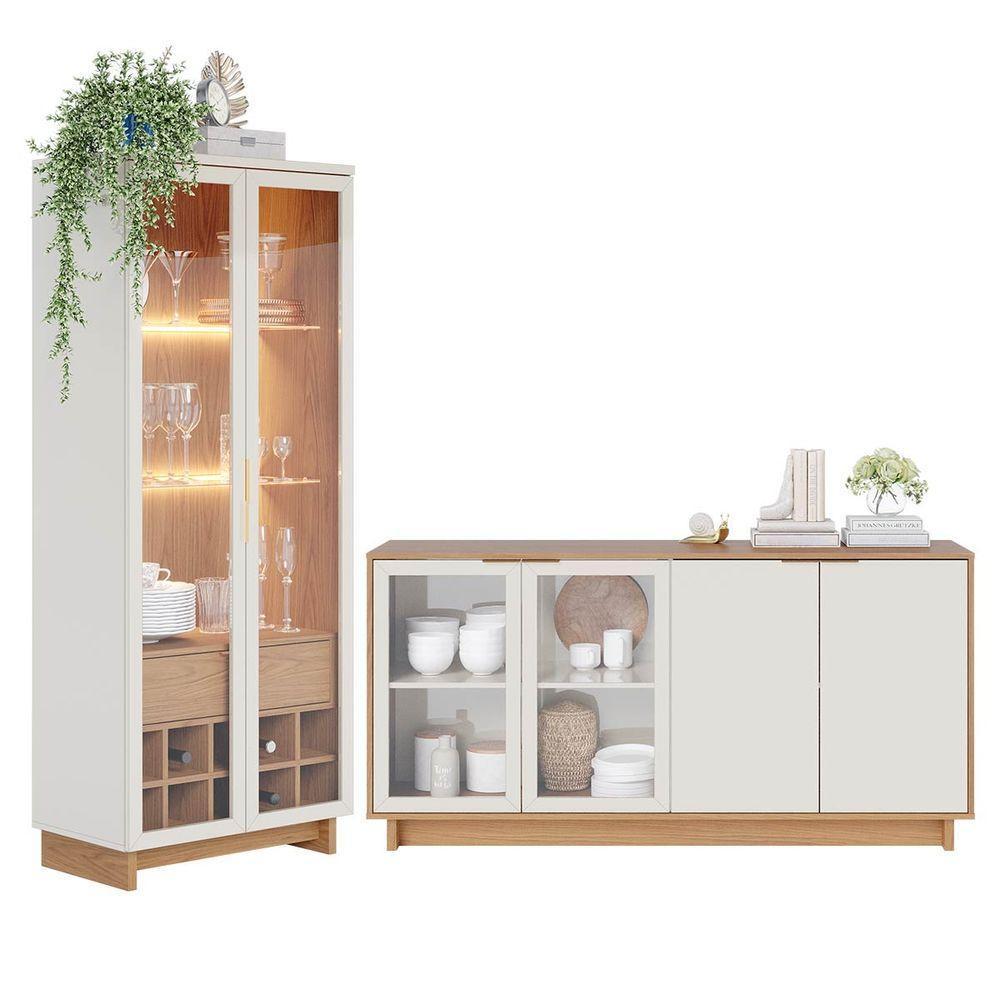 Conjunto Buffet Aparador e Cristaleira com Led Off White Freijó Colibri - 1