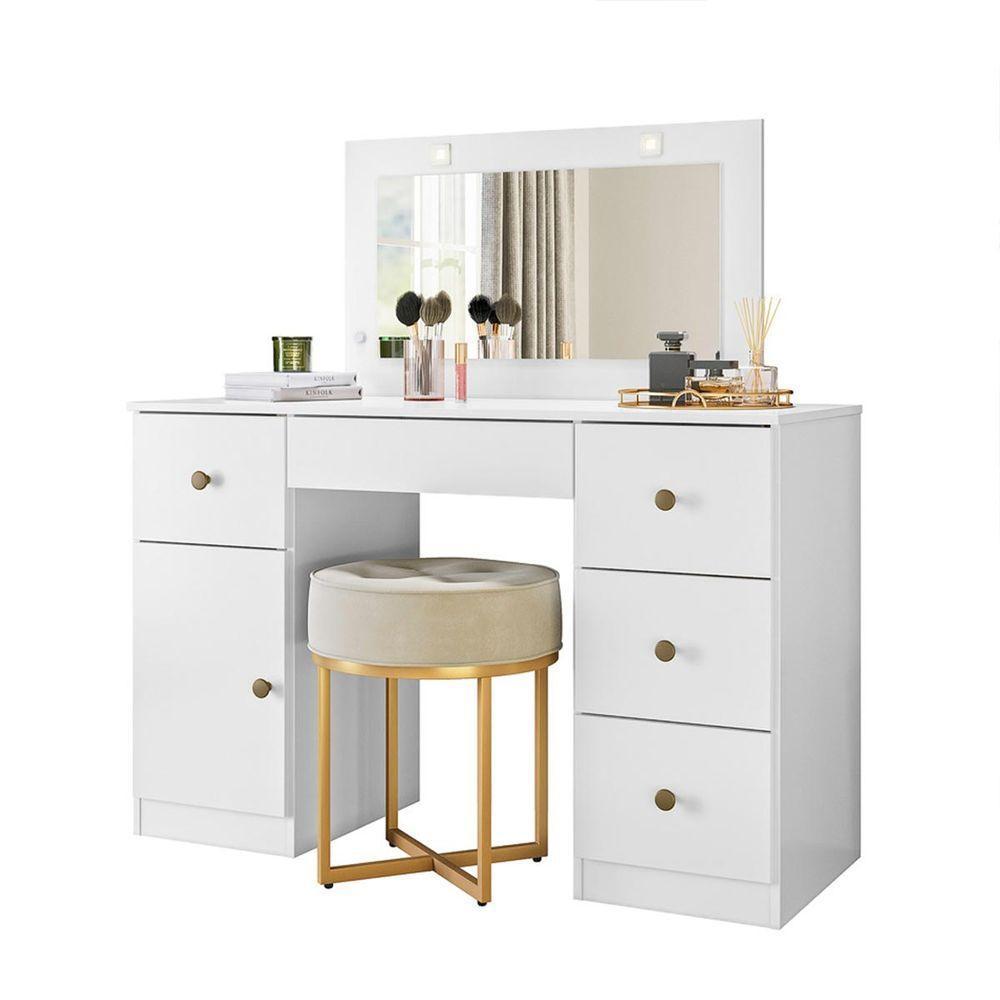 Penteadeira Camarim com Espelho Led 121x122cm 5 Gavetas 1 Porta Sonhos Moval Branco - 2