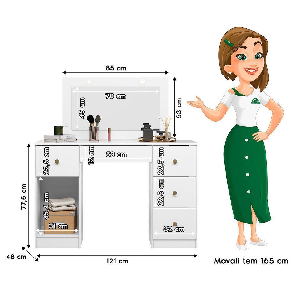 Penteadeira Camarim com Espelho Led 121x122cm 5 Gavetas 1 Porta Sonhos Moval Branco - 5