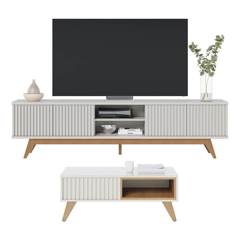 Kit Sala de Estar com Rack TV Ripado com Mesa de Centro Off White Freijó Colibri - 1