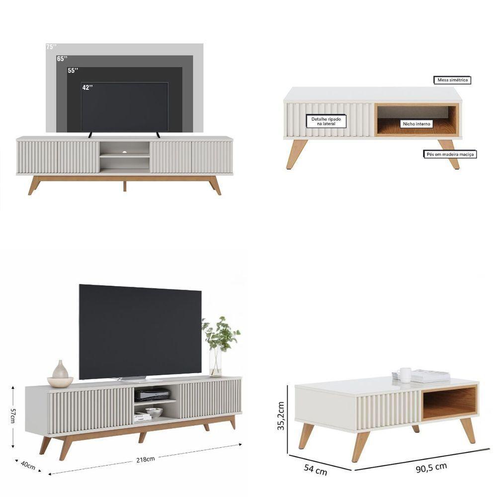 Kit Sala de Estar com Rack TV Ripado com Mesa de Centro Off White Freijó Colibri - 2