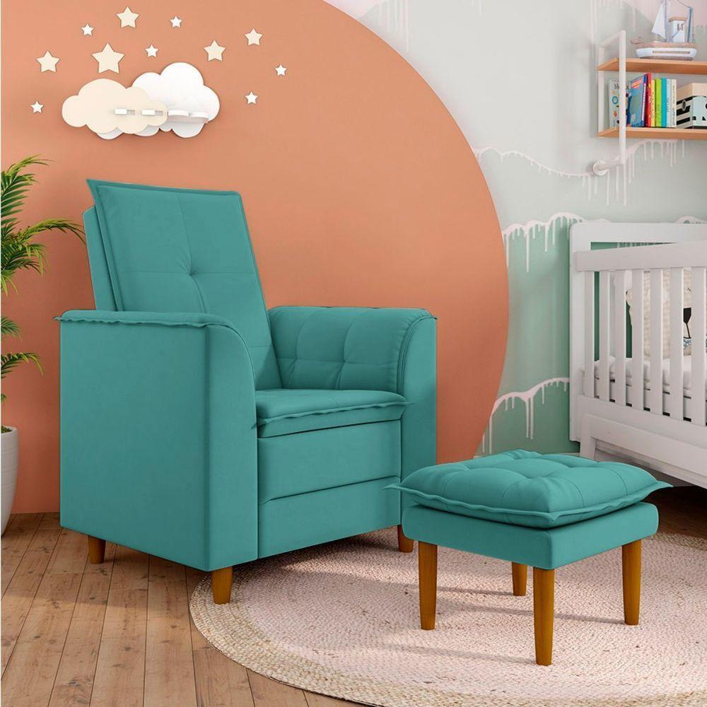 Poltrona Amamentação Confortável Com Puff Lia Suede azul Turquesa - 10
