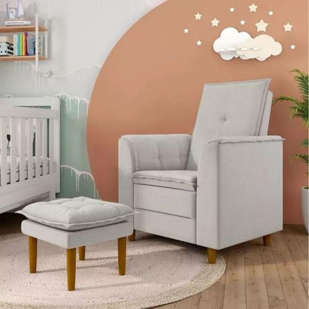 Poltrona Decorativa Amamentação Reforçada E Puff Mavie Linho cinza - 2