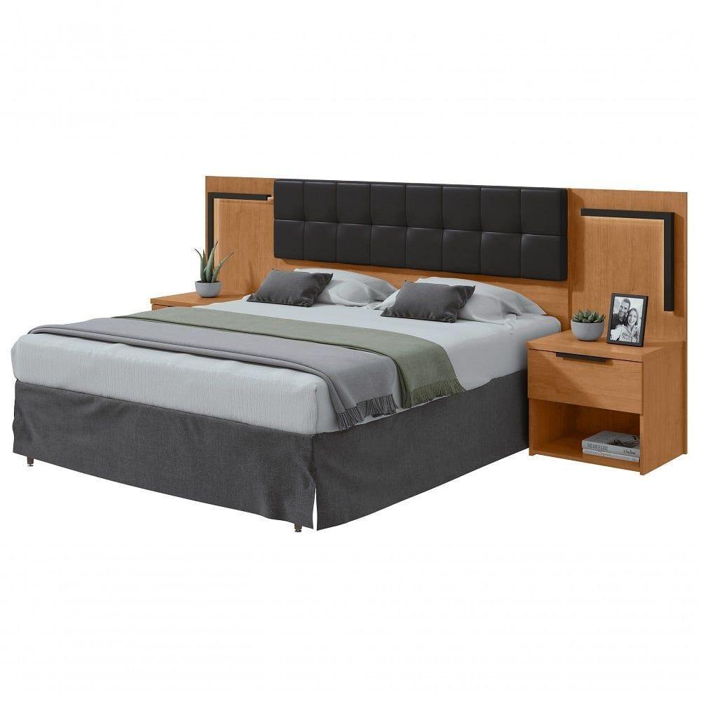 Cabeceira Casal 160cm 2 Mesas De Cabeceira Com Led Calitan - Lopas Amendoa Clean/preto Fosco. - 1