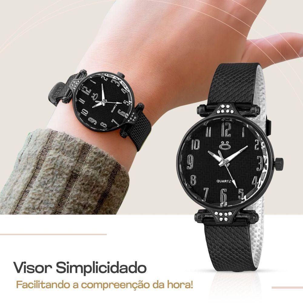 Relogio Aço Preto Feminino Brincos Colar Coração Caixa - 2