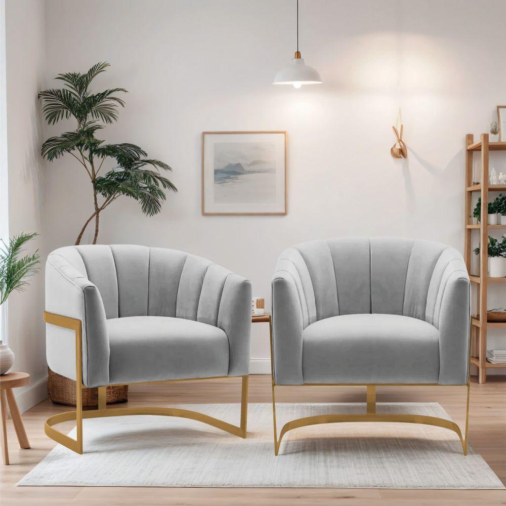 Kit 2 Poltronas Decorativas Sala De Estar Recepção Mavie Base De Ferro Dourado Linho Cinza Claro - 5