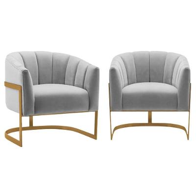 Kit 2 Poltronas Decorativas Sala De Estar Recepção Mavie Base De Ferro Dourado Linho Cinza Claro